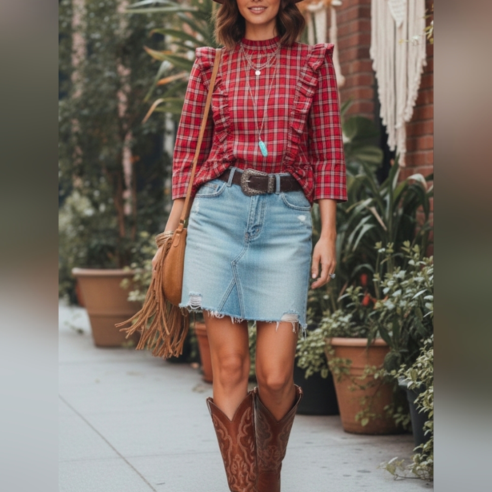 Skies Are Blue Red Plaid Blouse with Ruffle Detail